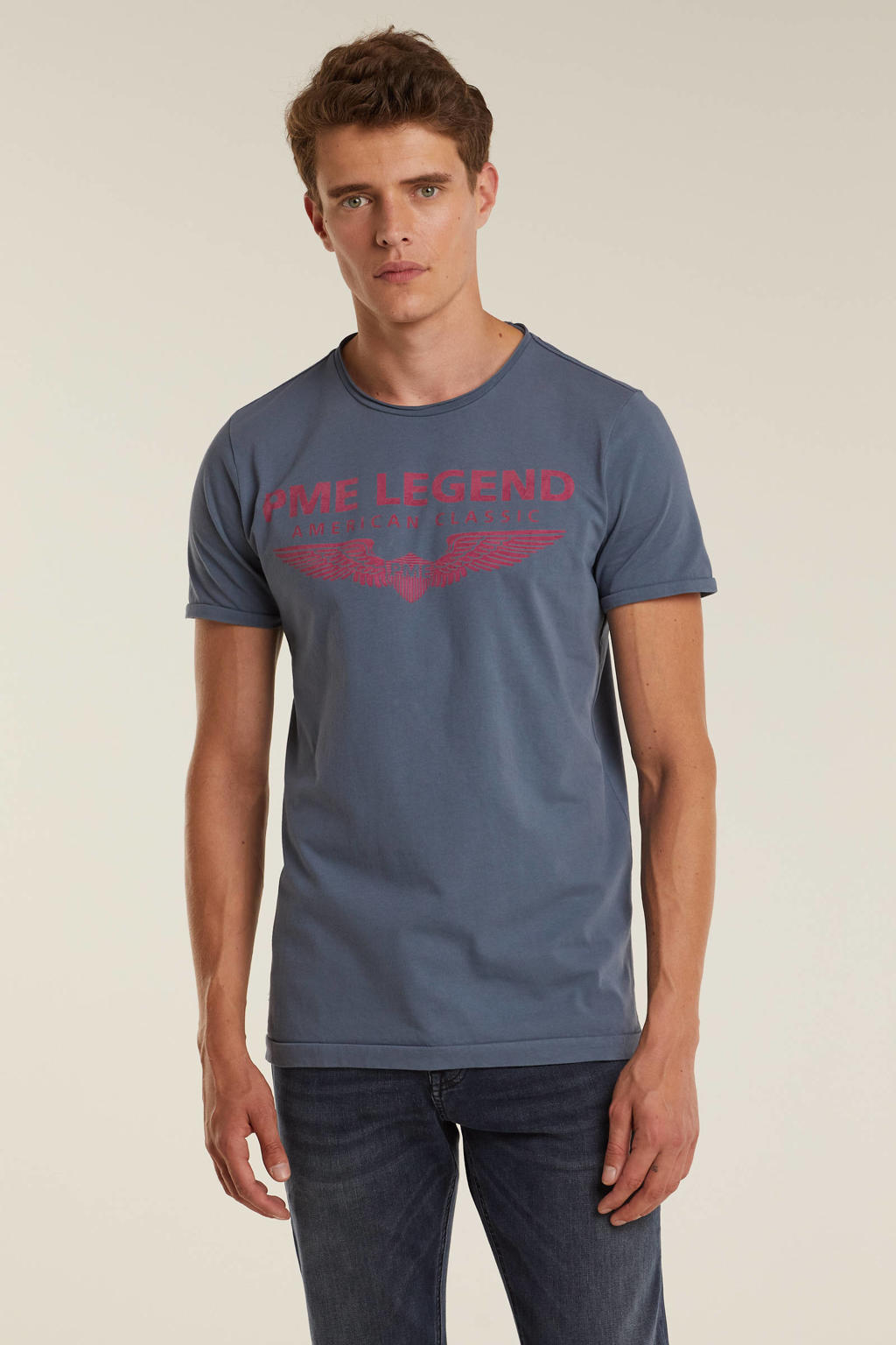 Blauw en rode heren PME Legend T-shirt van katoen met logo dessin, korte mouwen en ronde hals