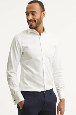 slim fit strijkvrij overhemd met dubbele manchet wit twill two-ply