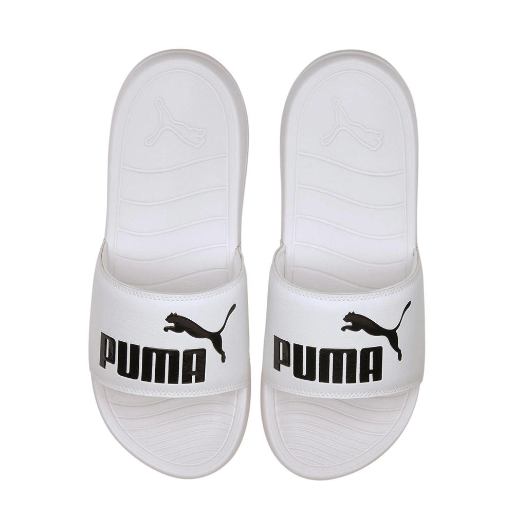 Wit en zwarte unisex Puma Popcat 20 badslippers van imitatieleer met logo