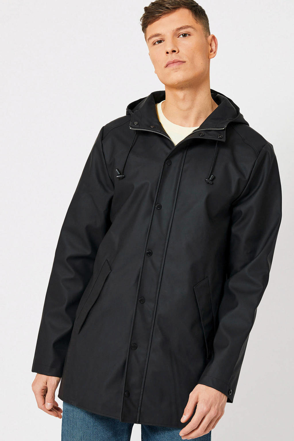 Zwarte heren America Today straight fit regenjas Jace van polyester met effen, capuchon en rits- en drukknoopsluiting