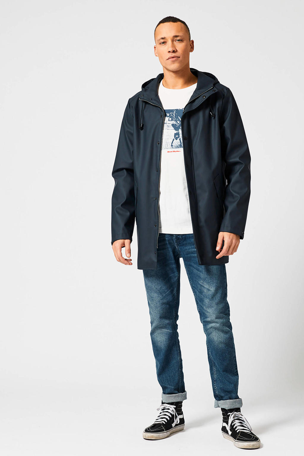 Blauwe heren America Today straight fit regenjas Jace van polyester met effen, capuchon en rits- en drukknoopsluiting