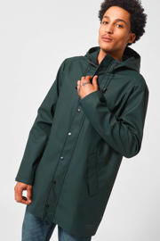 thumbnail: Donkergroene heren America Today straight fit regenjas Jace van polyester met effen, capuchon en rits- en drukknoopsluiting