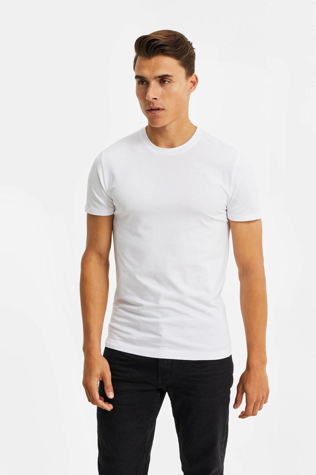 Set van 2 zwart en witte heren WE Fashion T-shirt van katoen met korte mouwen en ronde hals