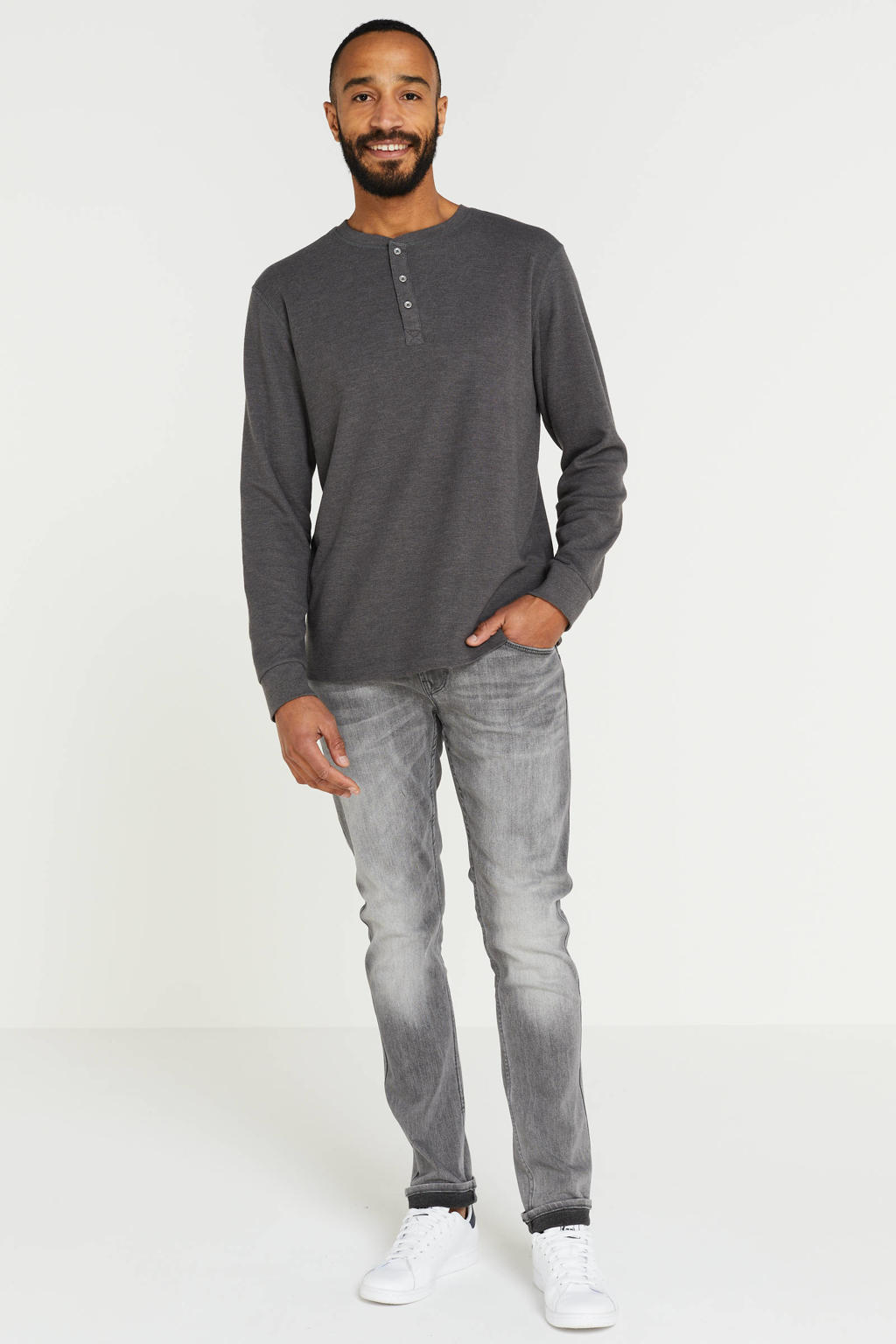 Grijze heren Blend longsleeve van katoen met lange mouwen, ronde hals en knoopsluiting