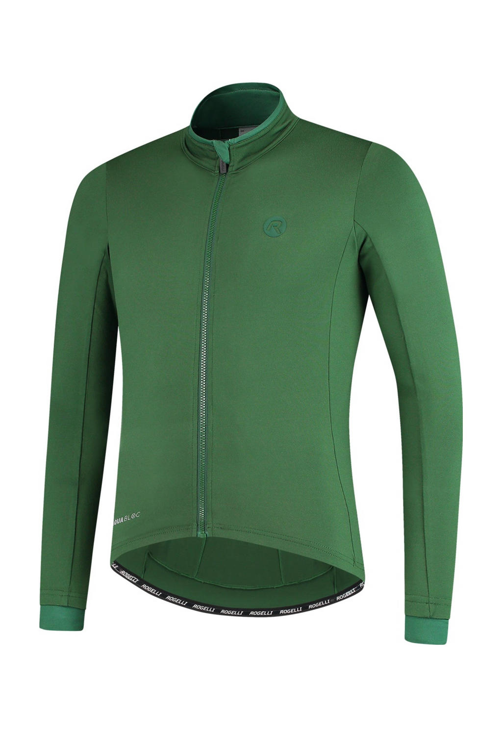 Groene heren Rogelli fietsshirt Essential van polyester met logo dessin, lange mouwen, opstaande kraag en ritssluiting