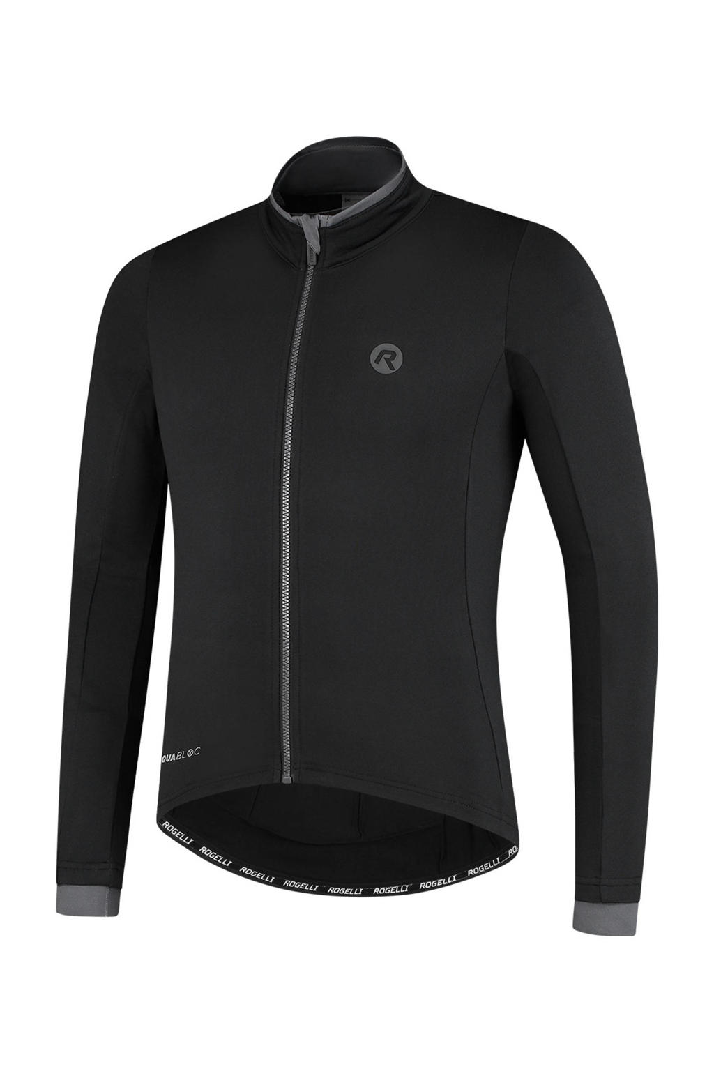 Zwarte heren Rogelli fietsshirt Essential van polyester met logo dessin, lange mouwen, opstaande kraag en ritssluiting
