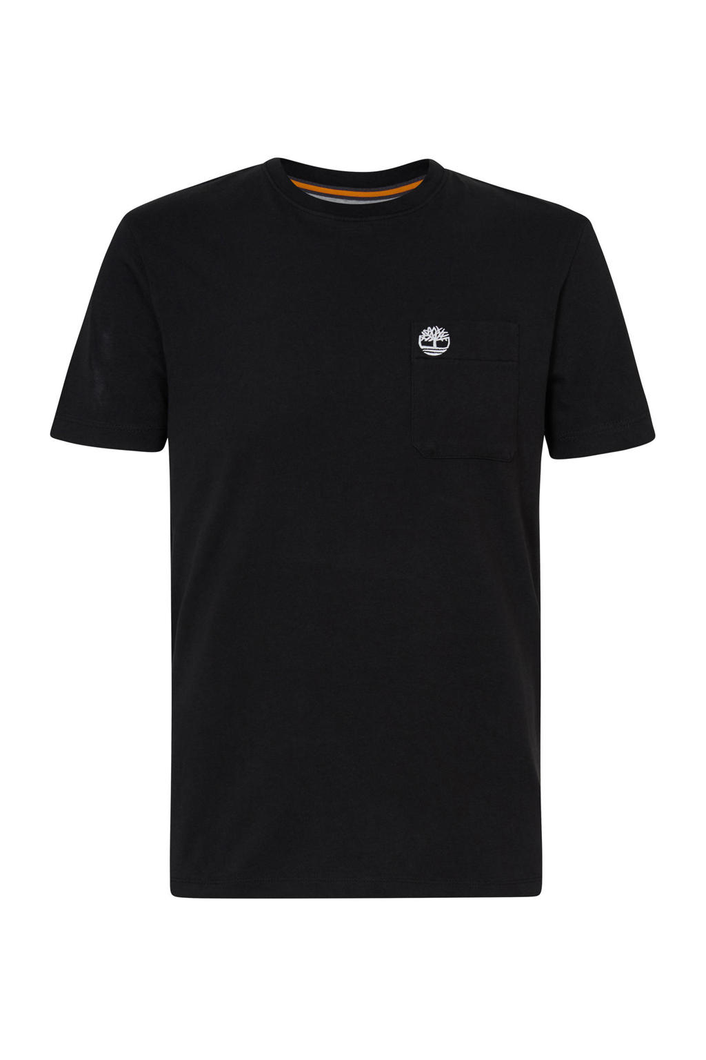 Zwarte heren Timberland T-shirt van biologisch katoen met logo dessin, korte mouwen en ronde hals