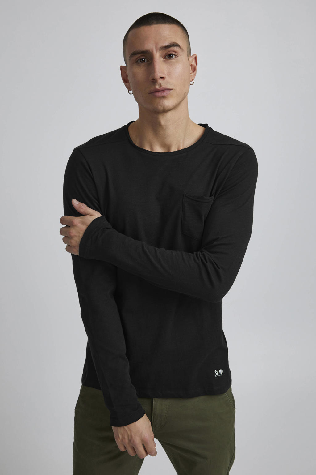 Zwarte heren Blend longsleeve van katoen met effen, lange mouwen en ronde hals