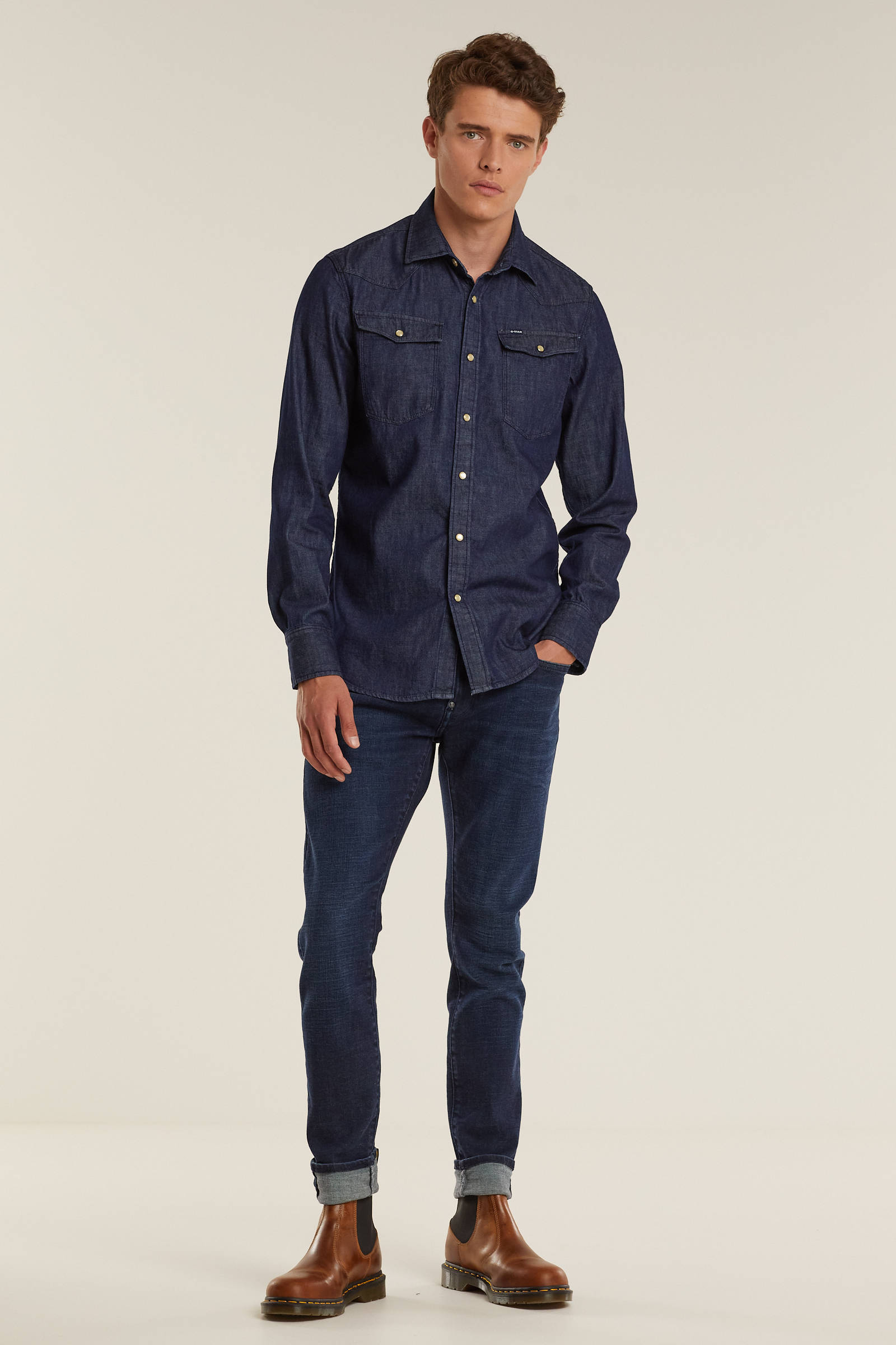 slim fit denim overhemd 3301 donkerblauw