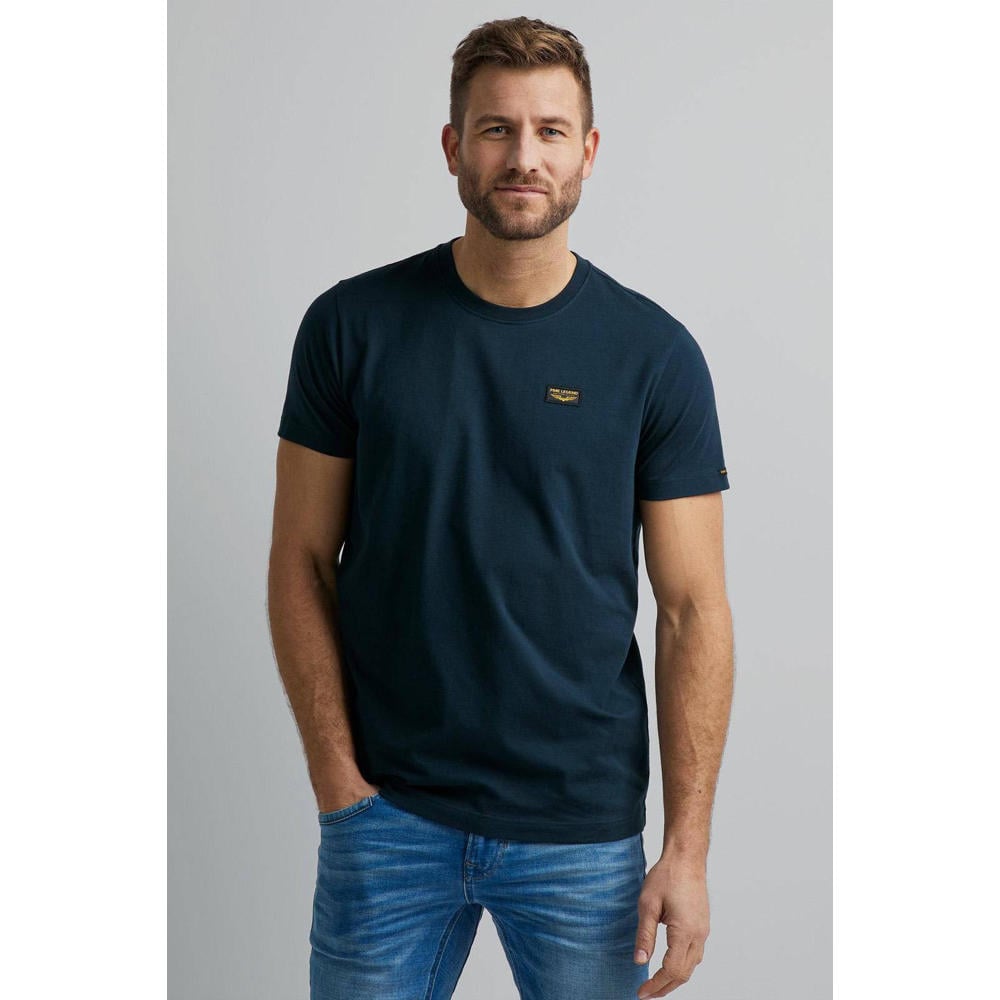 Blauwe heren PME Legend basic T-shirt van katoen met logo dessin, korte mouwen en ronde hals