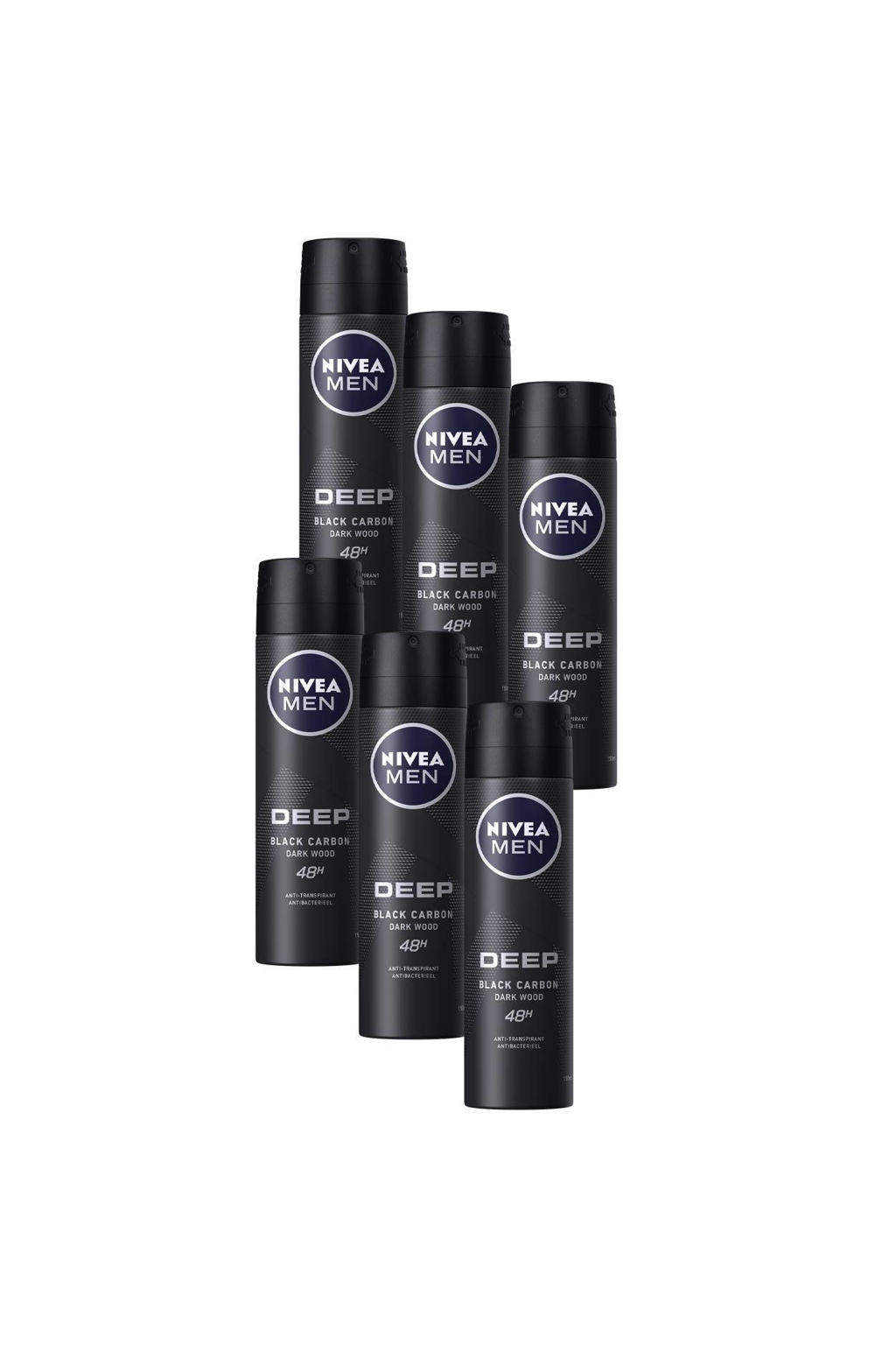 NIVEA MEN Deep black carbon deodorant spray - 6 x 150 ml - voordeelverpakking