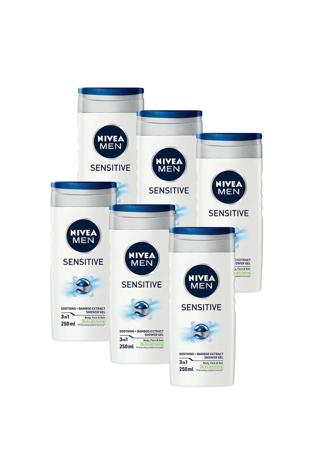 NIVEA MEN Sensitive douchegel - 6 x 250 ml - voordeelverpakking