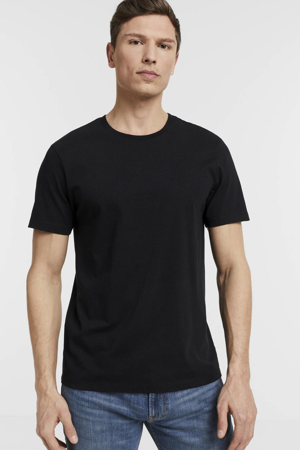 Zwarte heren anytime T-shirt van katoen met effen, korte mouwen, ronde hals en geweven detail