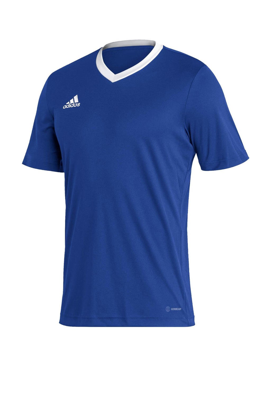 Blauwe heren adidas Performance Senior sport T-shirt van gerecycled polyester met logo dessin, korte mouwen en V-hals