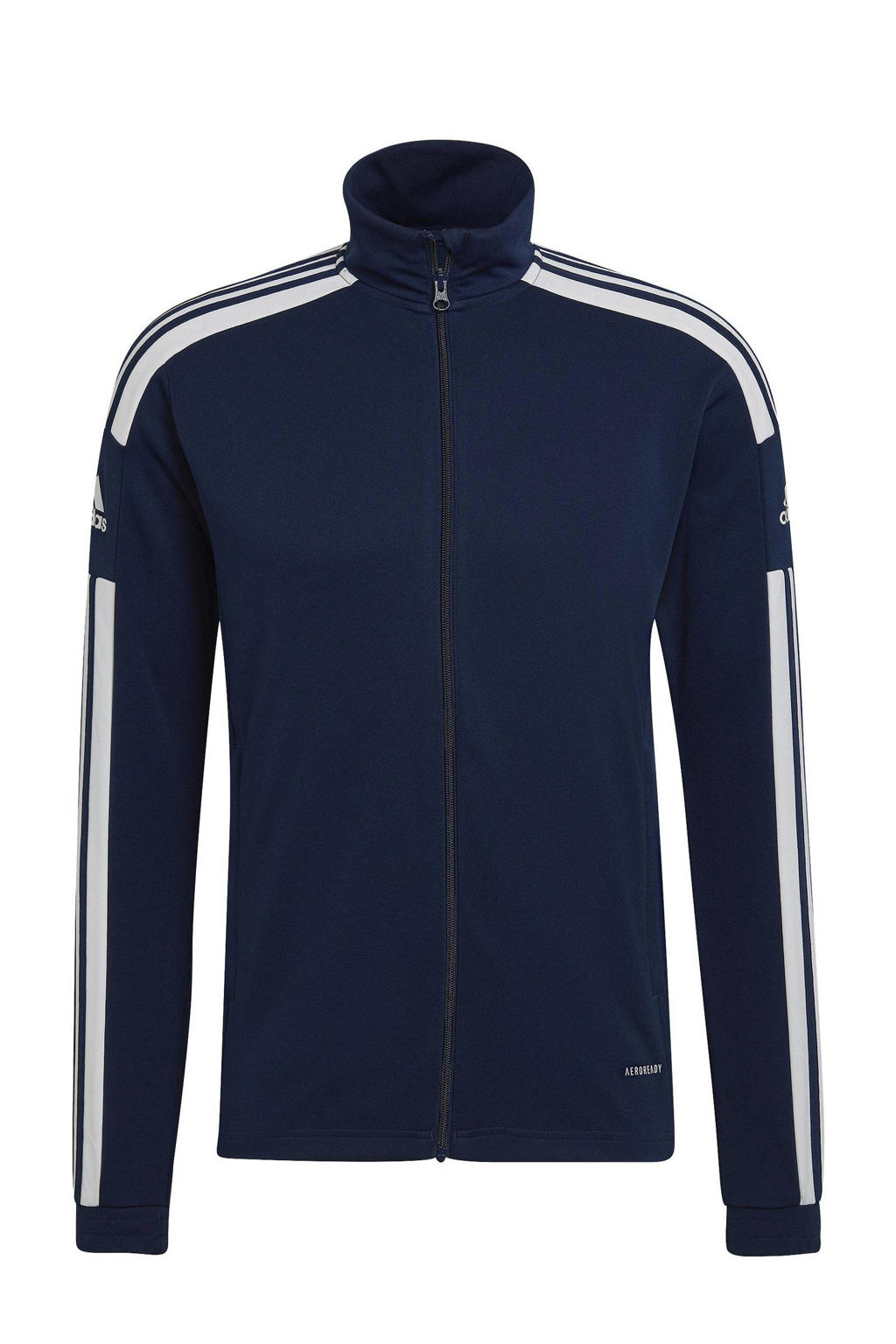Donkerblauw en witte heren adidas Performance Senior sportvest Squadra 21 van polyester met logo dessin, lange mouwen, opstaande kraag en ritssluiting