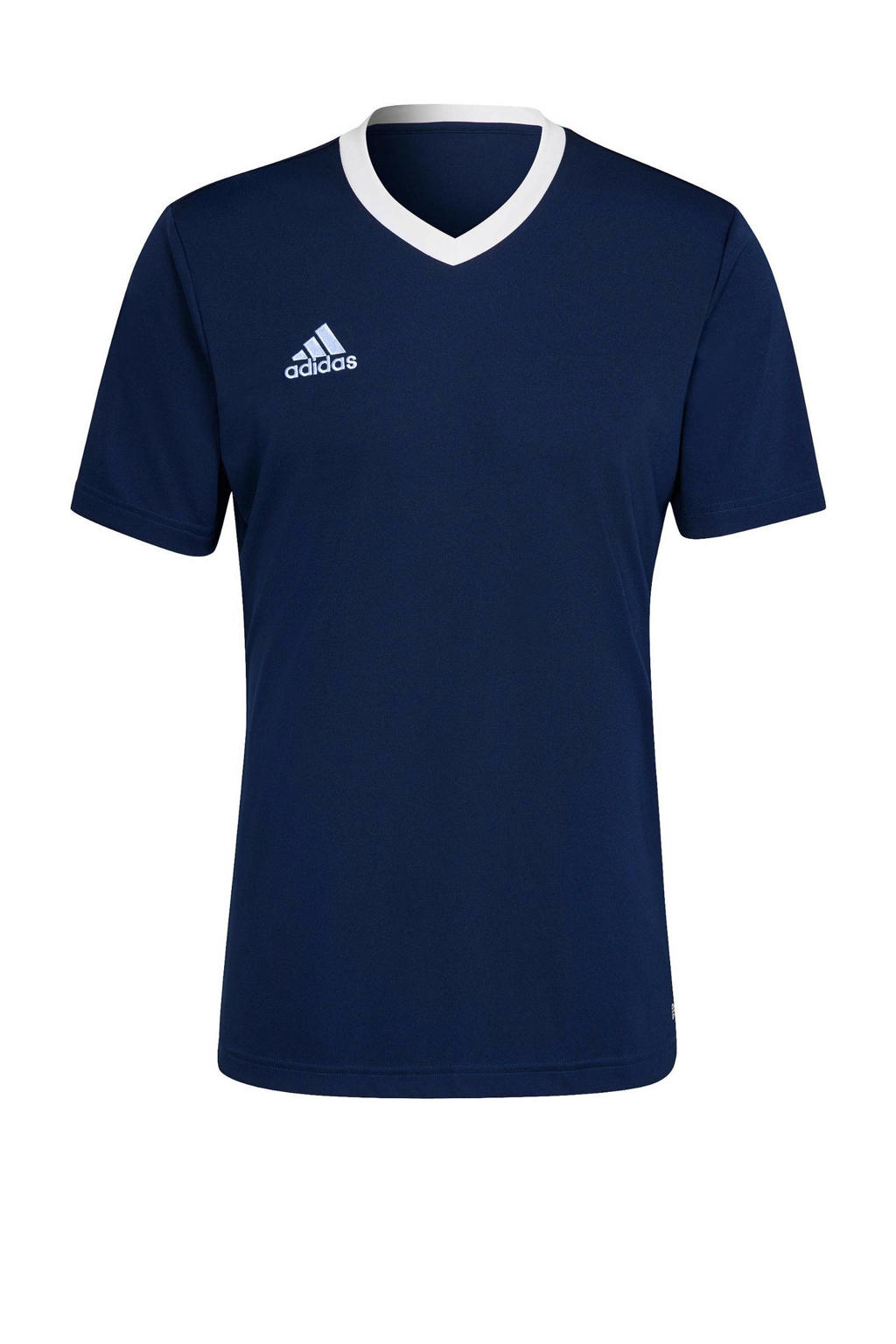 Donkerblauwe heren adidas Performance Senior sport T-shirt van gerecycled polyester met logo dessin, korte mouwen en V-hals