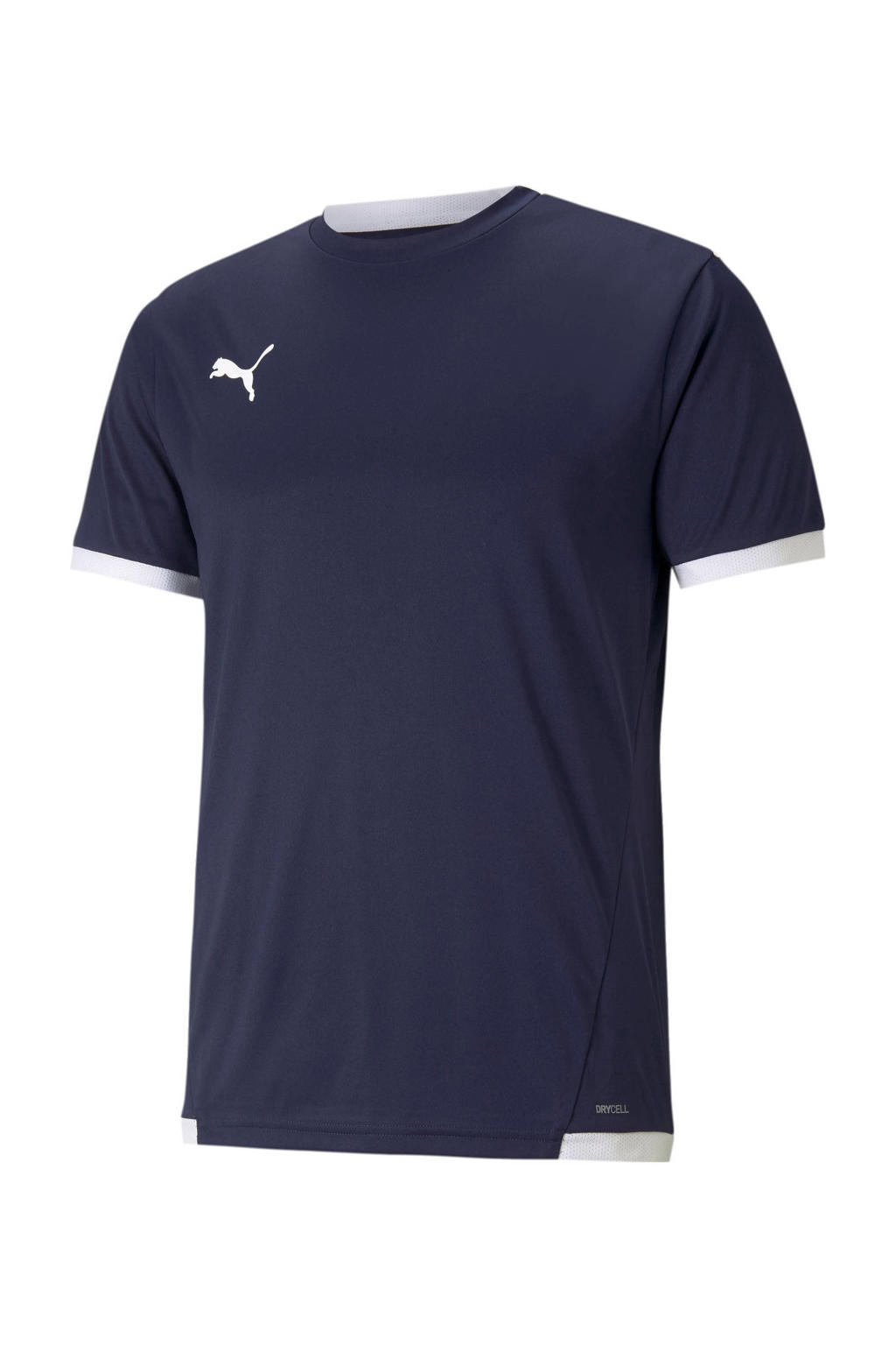 Donkerblauw en witte heren Puma Senior voetbalshirt teamLIGA van polyester met korte mouwen en ronde hals