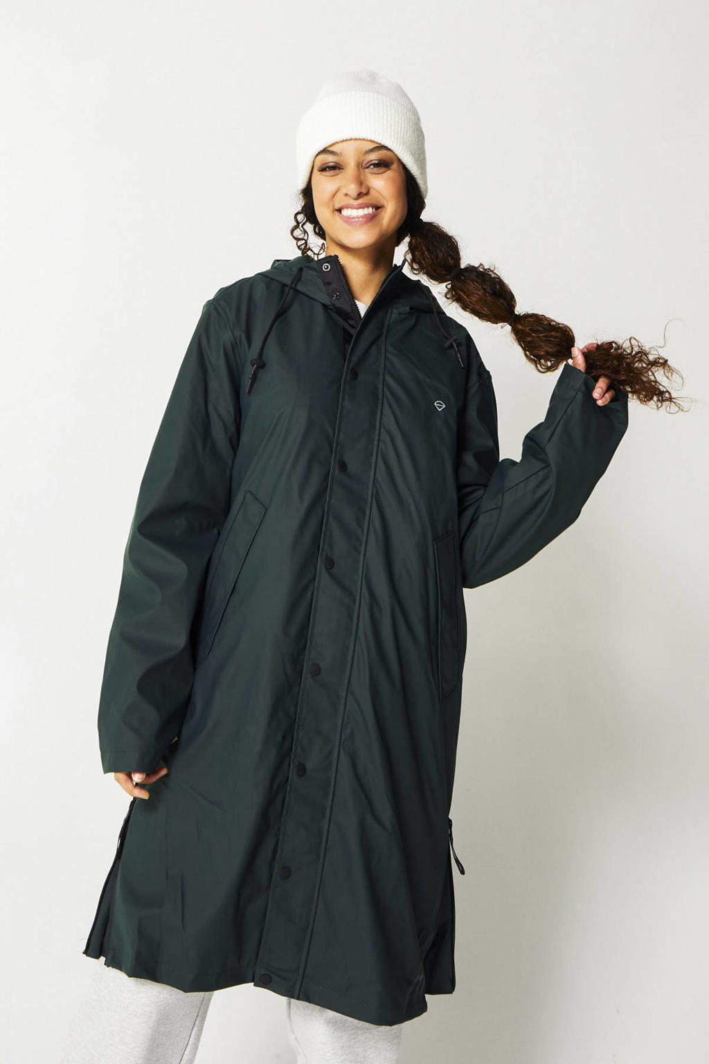 Groene dames America Today jas Jace X van polyester met effen, lange mouwen, capuchon en rits- en drukknoopsluiting