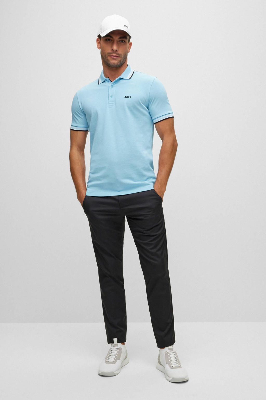 Lichtblauwe heren BOSS polo Paddy van katoen met korte mouwen, klassieke kraag, knoopsluiting en contrast bies