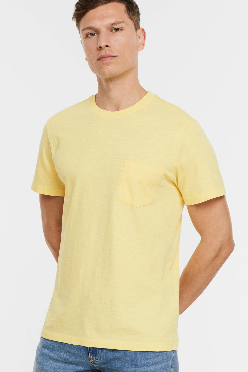 Gele heren anytime T-shirt van katoen met korte mouwen en ronde hals