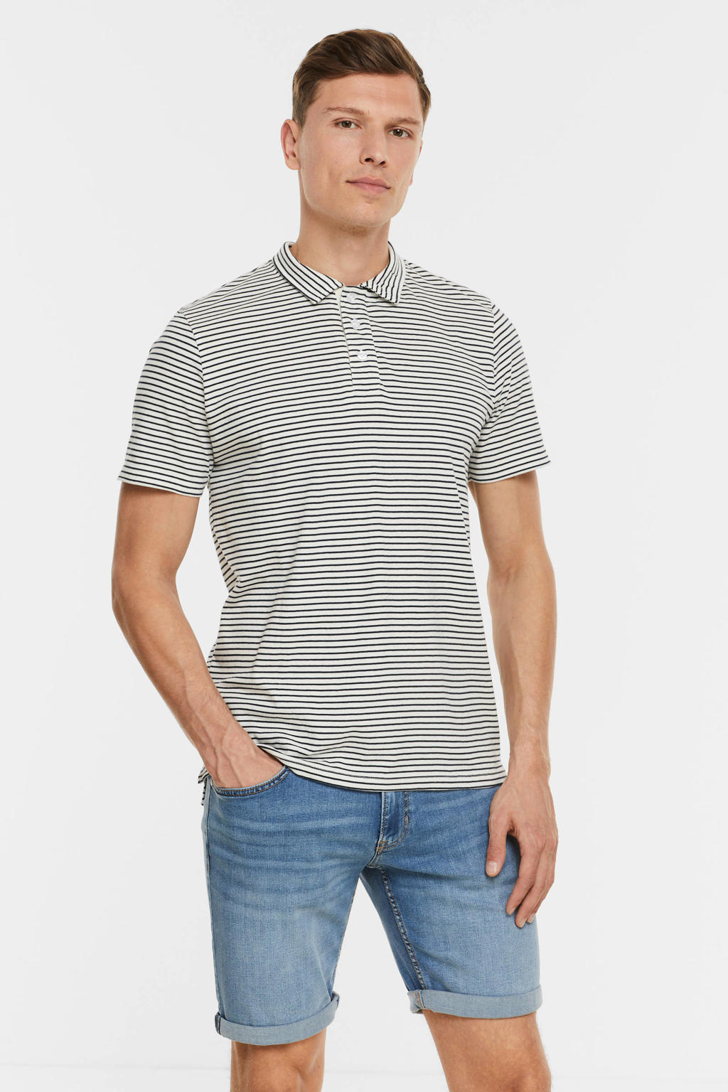 Wit en blauwe heren anytime gestreepte polo van katoen met korte mouwen, klassieke kraag en knoopsluiting