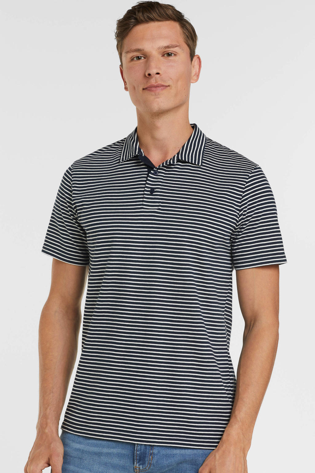 Grijsblauw, blauw en witte heren anytime gestreepte polo van katoen met korte mouwen, klassieke kraag en knoopsluiting