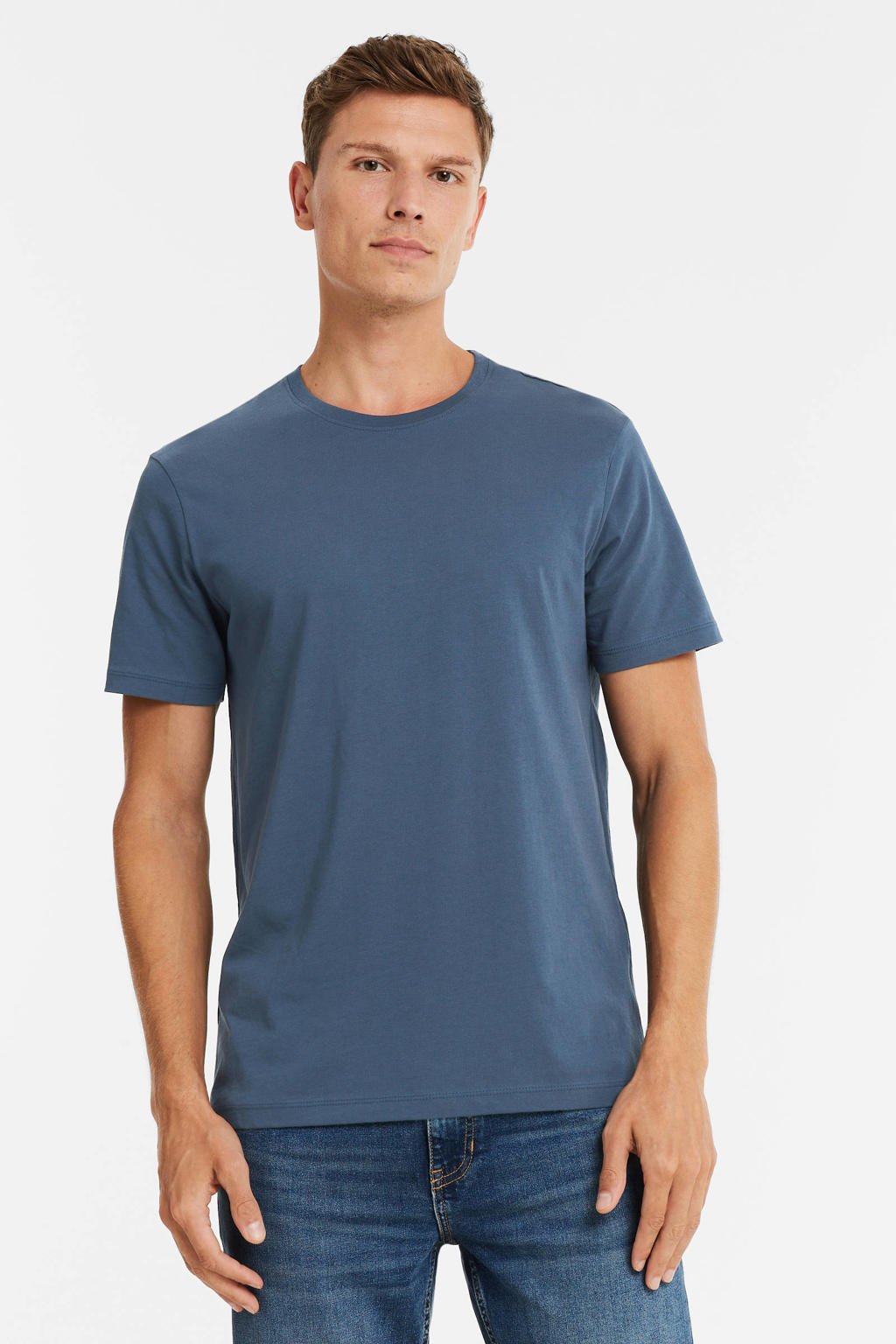 Blauwe heren anytime T-shirt van biologisch katoen met korte mouwen en ronde hals