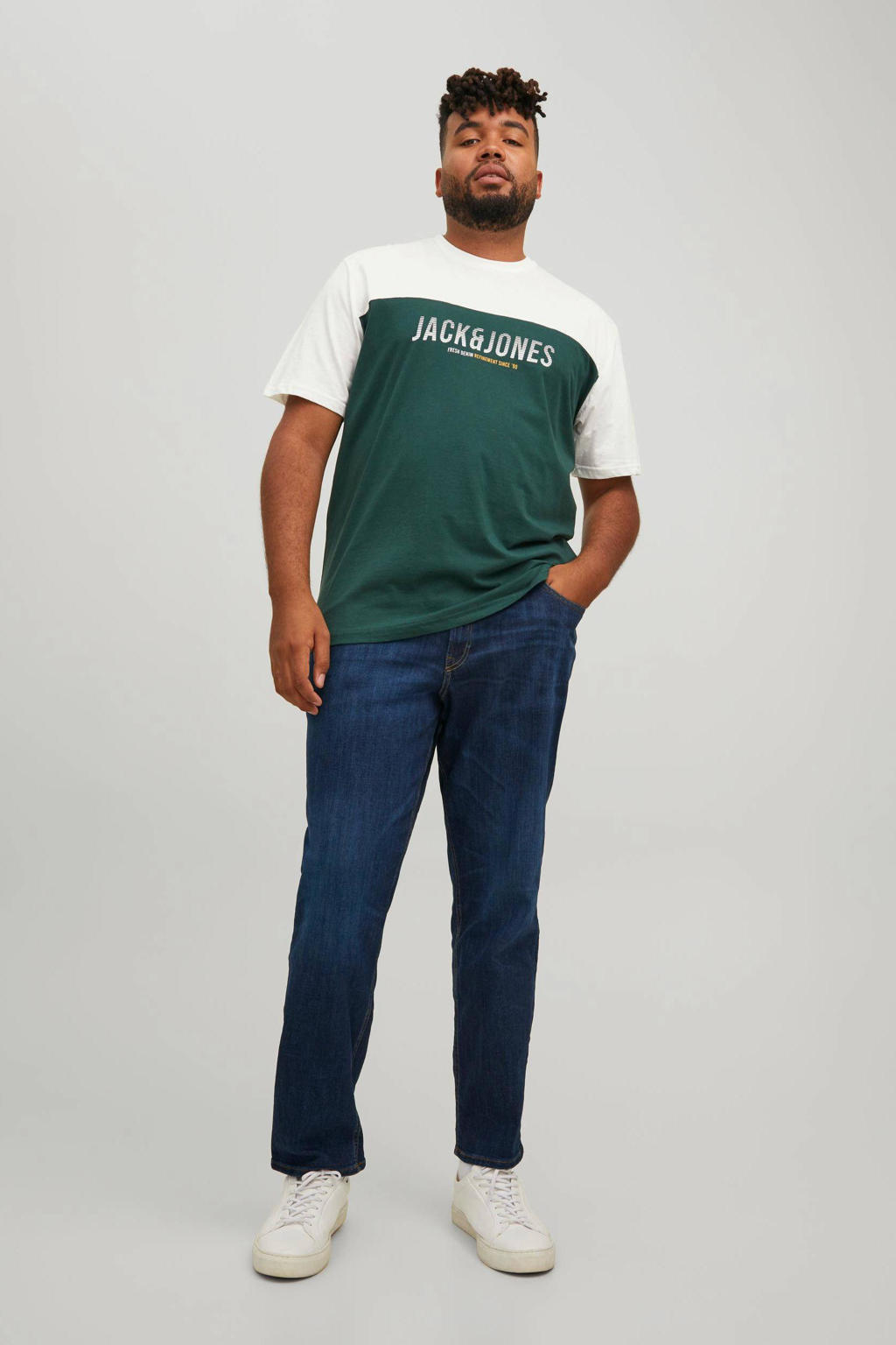 Groene heren JACK & JONES PLUS SIZE regular fit T-shirt Plus Size van katoen met logo dessin, korte mouwen en ronde hals