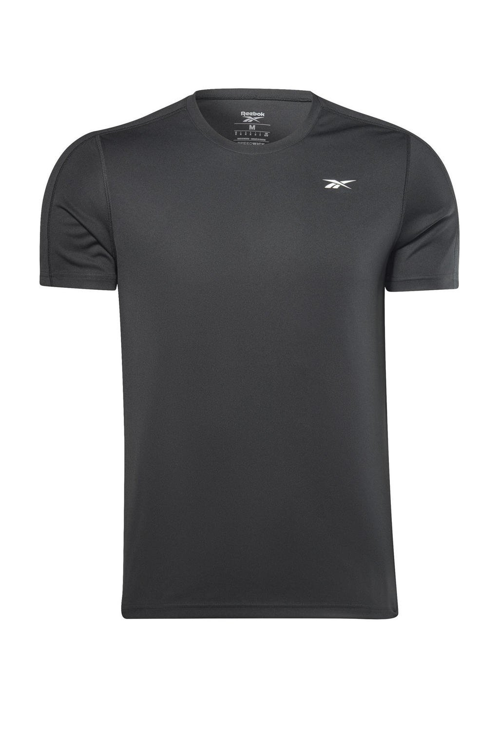Zwarte heren Reebok Training sport T-shirt van gerecycled polyester met logo dessin, korte mouwen en ronde hals