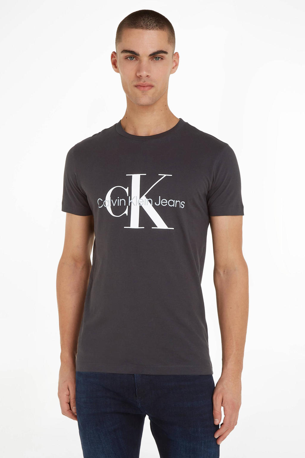 Zwarte heren CALVIN KLEIN JEANS T-shirt van katoen met logo dessin, korte mouwen en ronde hals