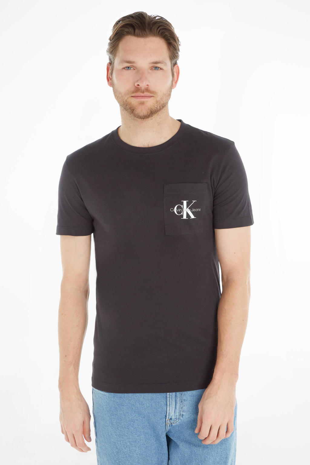 Zwarte heren CALVIN KLEIN JEANS T-shirt en logo met korte mouwen en ronde hals