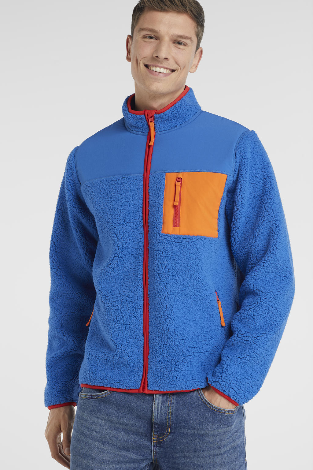 Blauwe heren anytime teddy fleece vest met meerkleurige print, lange mouwen, opstaande kraag en ritssluiting