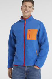 thumbnail: Blauwe heren anytime teddy fleece vest met meerkleurige print, lange mouwen, opstaande kraag en ritssluiting