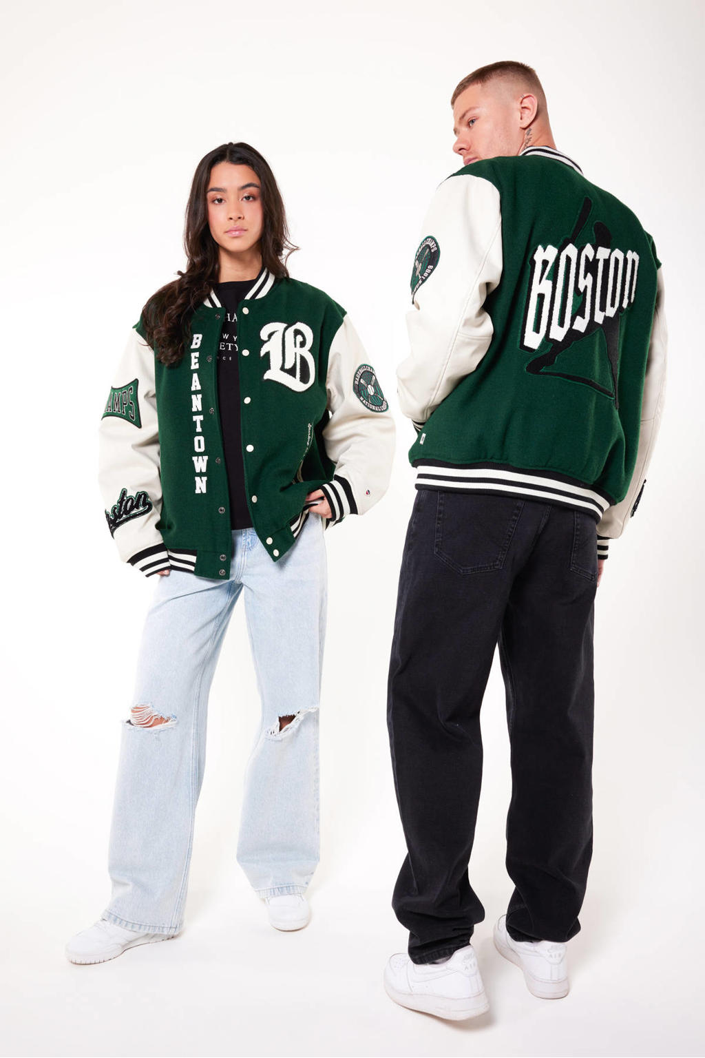 Groene unisex America Today unisex baseball jacket Joah van polyester met meerkleurige print, half lange mouwen, opstaande kraag en drukknoopsluiting