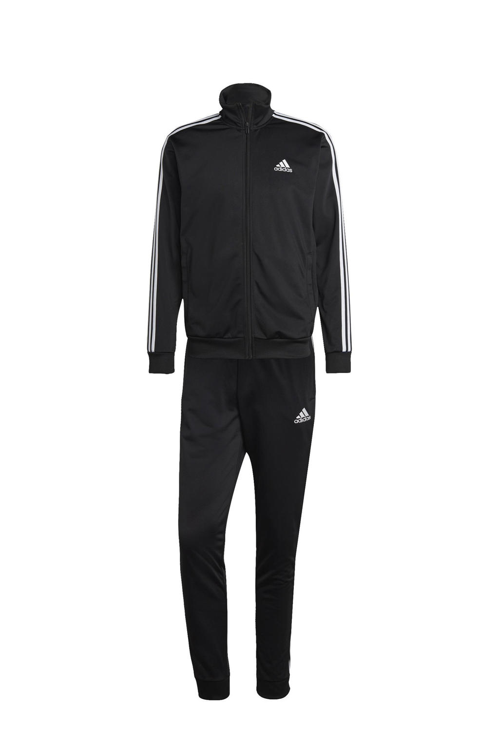 Zwart en witte heren adidas Sportswear trainingspak van polyester met effen, lange mouwen, opstaande kraag en ritssluiting
