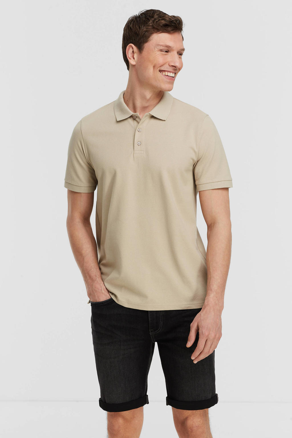 Beige heren anytime polo van katoen met effen, korte mouwen en klassieke kraag