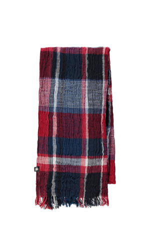 geruite sjaal met franjes donkerblauw/rood