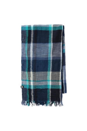 geruite sjaal met franjes donkerblauw/lichtblauw