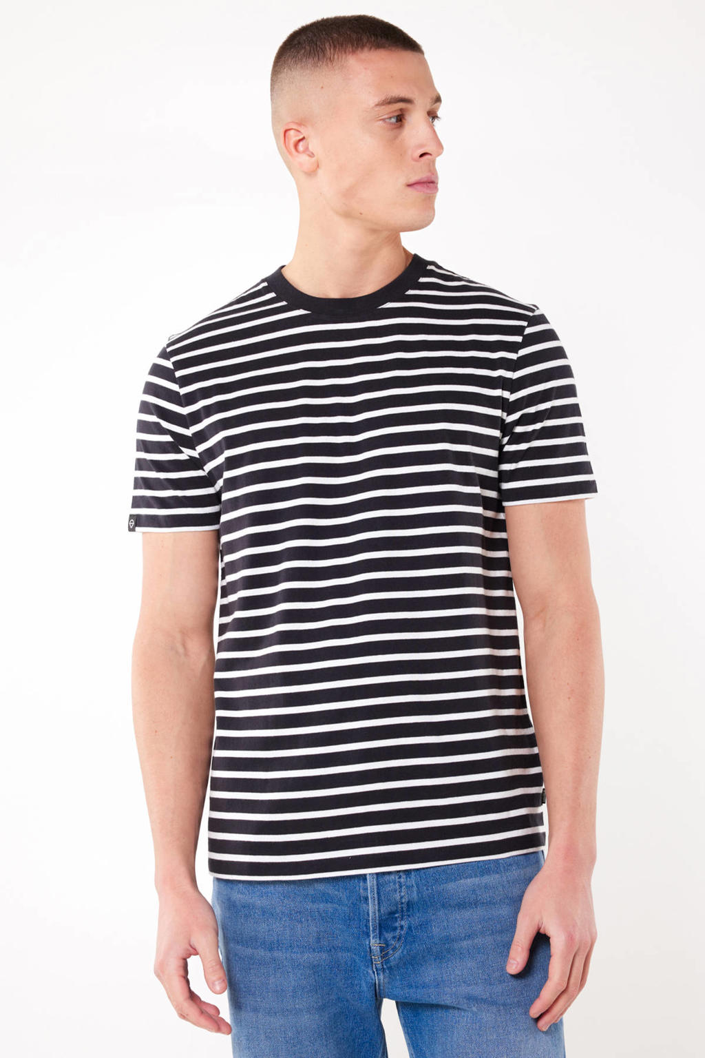 Zwarte heren America Today gestreept regular fit T-shirt van katoen met korte mouwen en ronde hals
