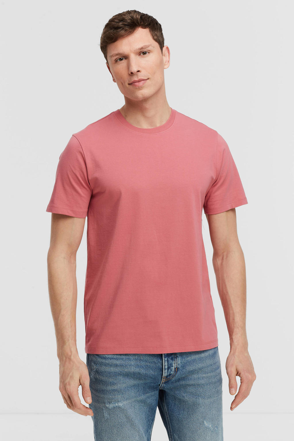 Rode heren anytime T-shirt van katoen met effen, korte mouwen en ronde hals