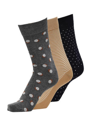 giftbox sokken SLHNORRIS met prints - set van 3 grijs/beige/zwart