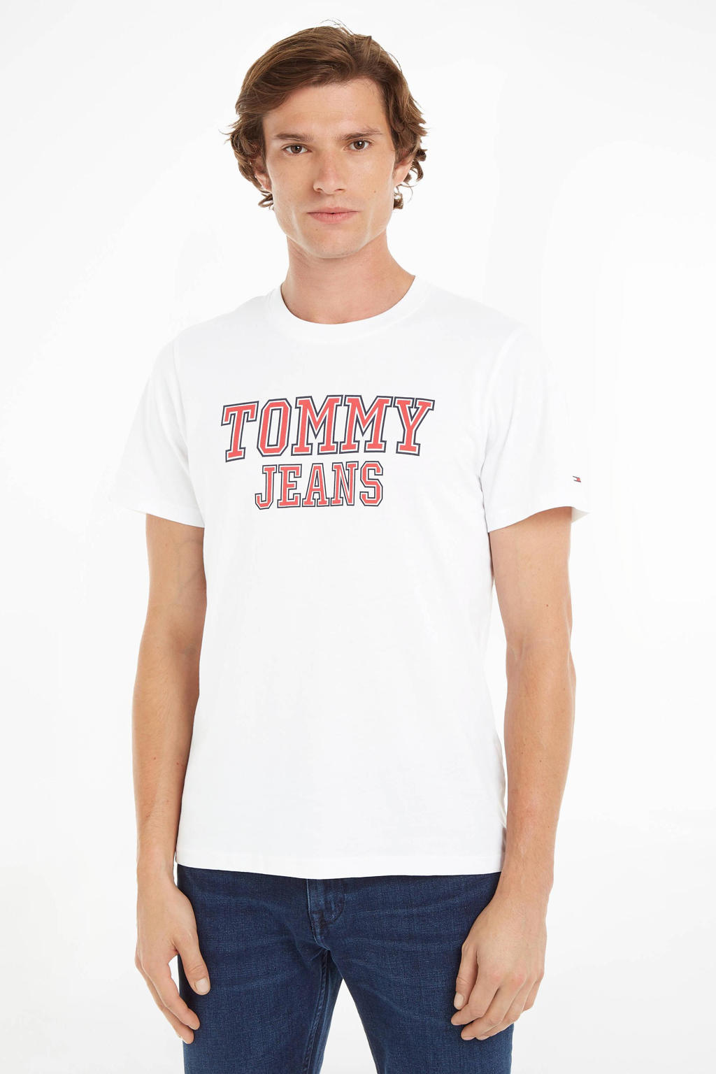 Witte heren Tommy Jeans T-shirt van katoen met logo dessin, korte mouwen en ronde hals
