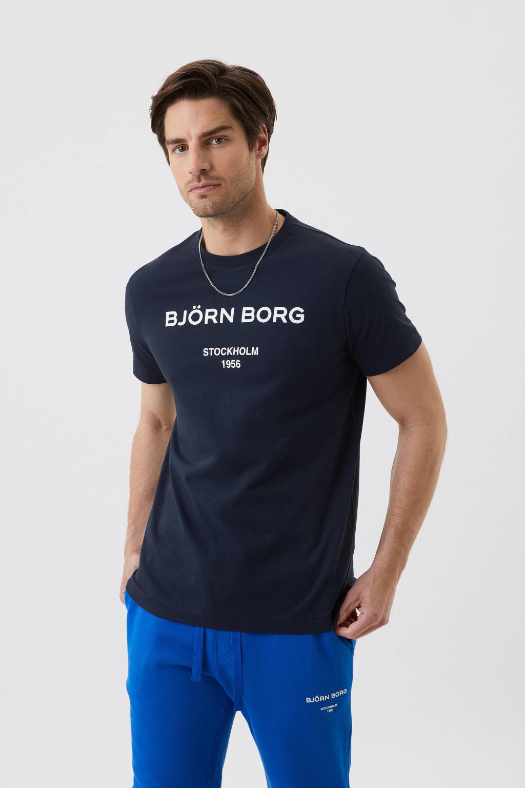 Blauwe heren Björn Borg T-shirt van biologisch katoen met printopdruk, korte mouwen en ronde hals