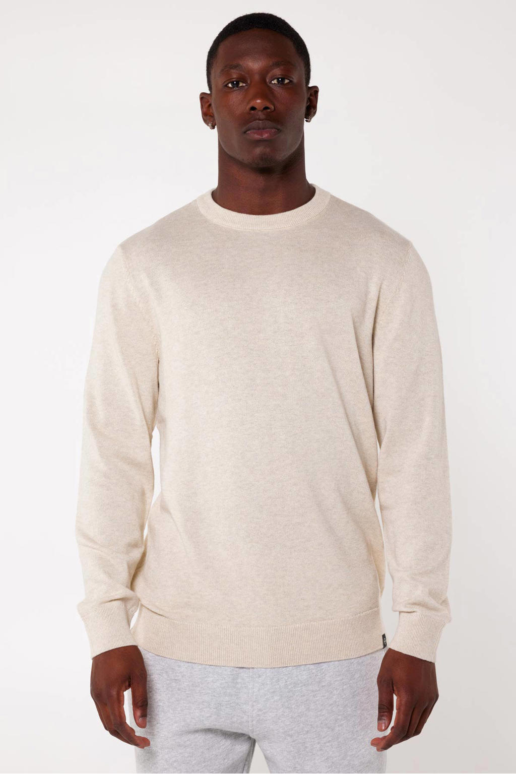 Beige heren America Today trui van katoen met effen, lange mouwen en ronde hals