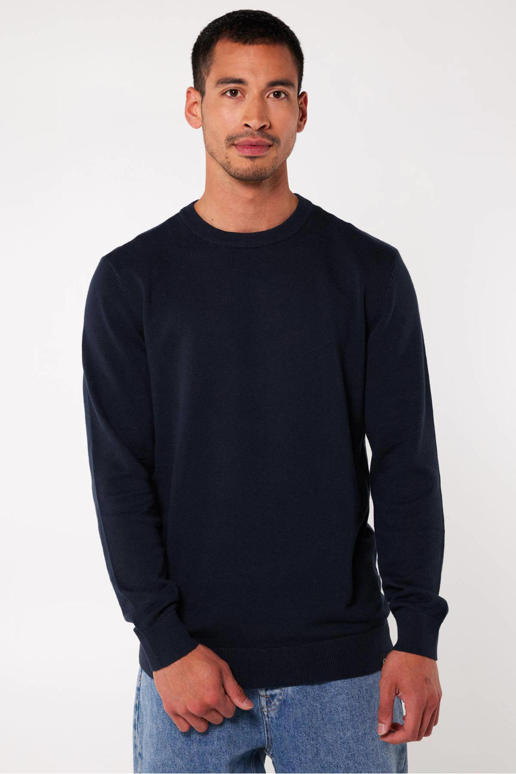 Blauwe heren America Today pullover van katoen met effen, lange mouwen en ronde hals