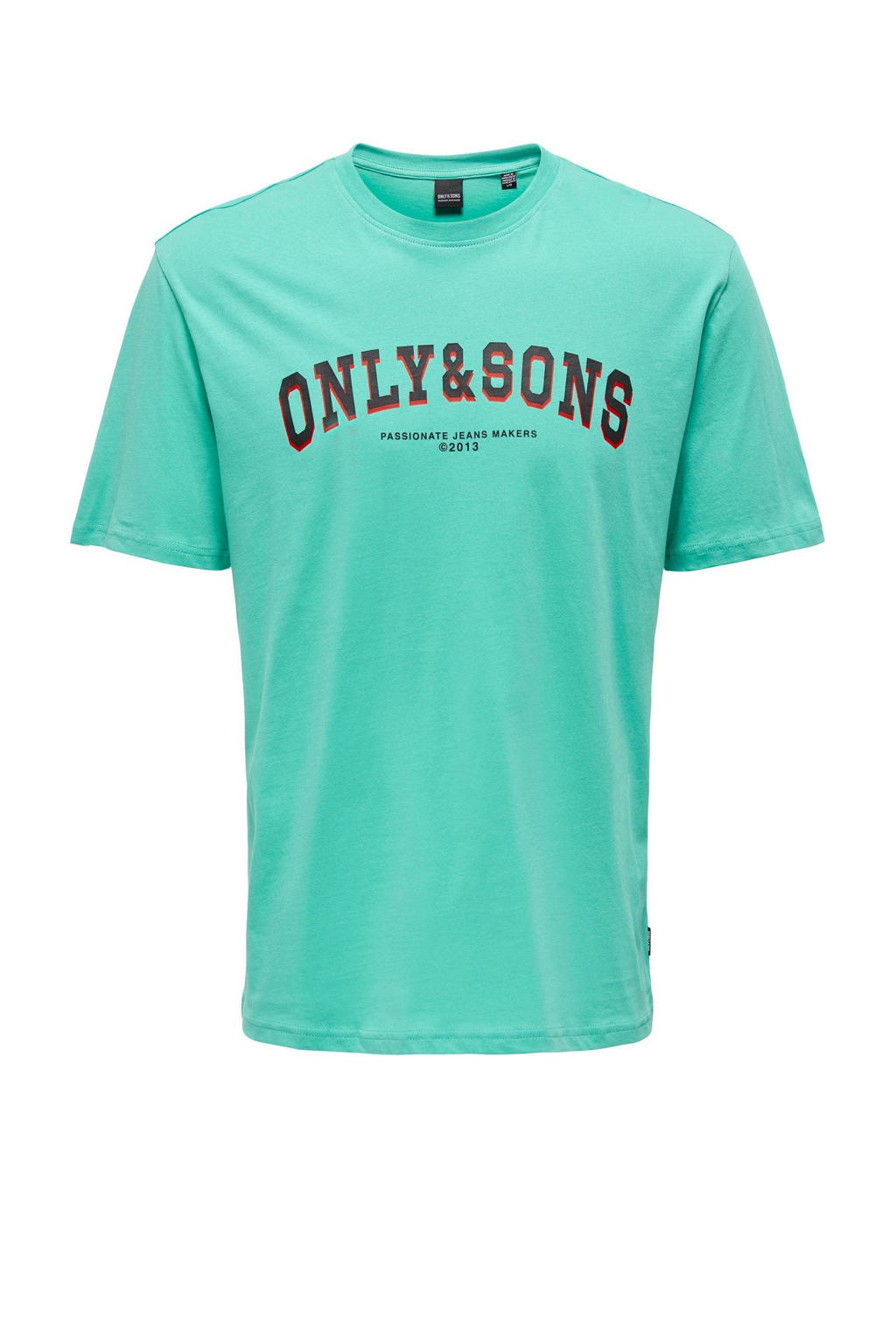 Turquoise heren ONLY & SONS regular fit T-shirt bright van katoen met printopdruk, korte mouwen en ronde hals