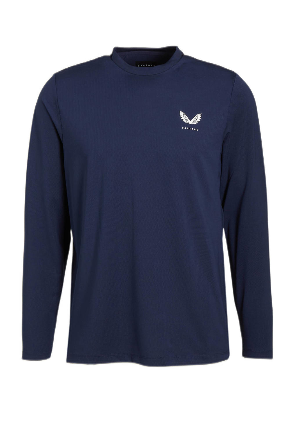 Donkerblauwe heren Castore sport T-shirt Protek van polyester met logo dessin, lange mouwen en ronde hals