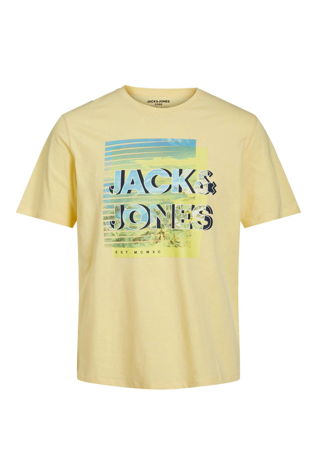Gele heren JACK & JONES CORE regular fit T-shirt van katoen met printopdruk, korte mouwen en ronde hals