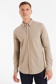 thumbnail: Beige heren anytime piqué longsleeve overhemd van katoen met effen, lange mouwen en klassieke kraag