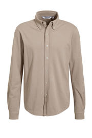 thumbnail: Beige heren anytime piqué longsleeve overhemd van duurzaam katoen met lange mouwen en klassieke kraag